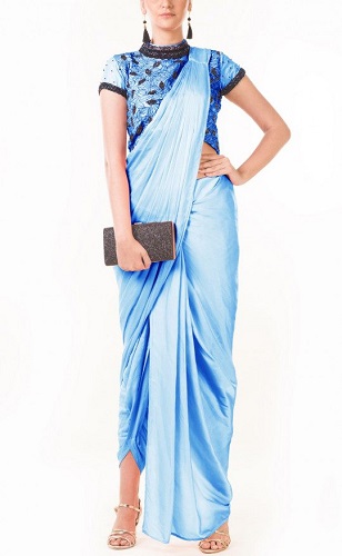 Toz Mavi Dhoti Desenli Kırpma Üstlü Sari