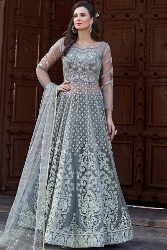 Pilka siuvinėta Lehenga Choli
