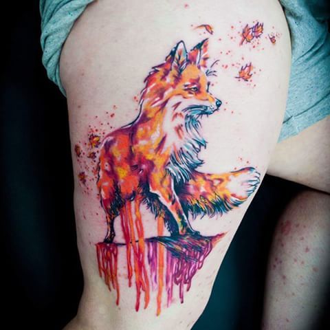 Lašančios akvarelės lapės tatuiruotės