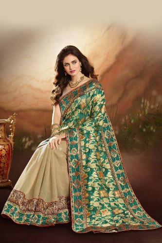 „Jaquard Sarees-Green“ ir kremas „Banarasi Jacquard Sari“ 8