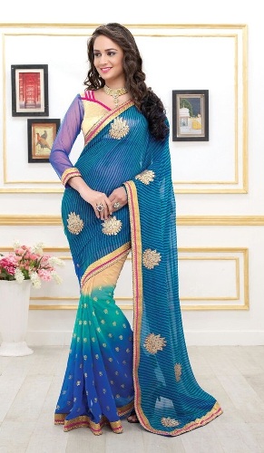 Mavi Tonları Ve Krem Yarım/Yarım Leheriya Saree