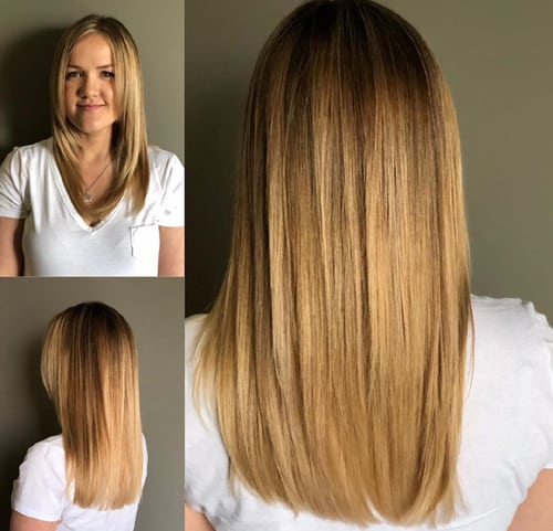 Medaus spalvos balayage ilgi plaukai