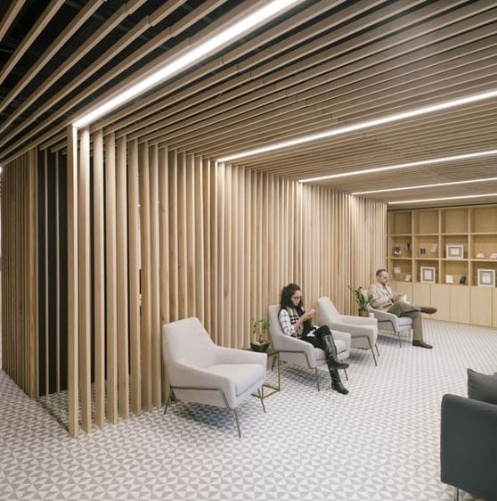 Medinių lubų dizainas biurui