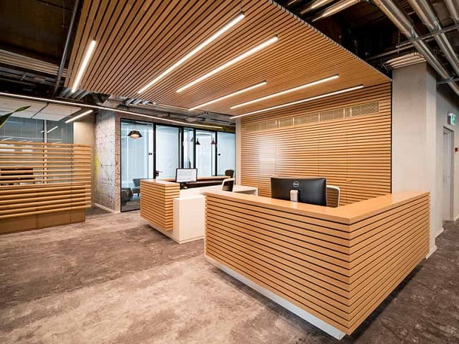 Medinių lubų dizainas biurui