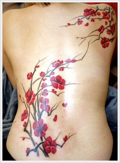 Spalvinga budistų vyšnių žiedų tatuiruotė ant nugaros