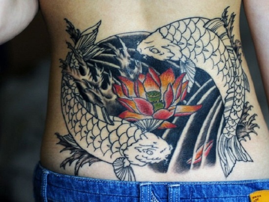 Apatinės nugaros Koi žuvies tatuiruotė su lotosu