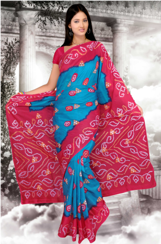 BandhaniI Sarees-Koyu Pembe-Mavi Saf İpek Bandhani Saree 5