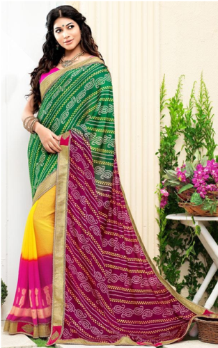 BandhaniI Sarees-Yeşil- Sarı Yarım Ve Yarım Baskılı Bandhani Saree 6