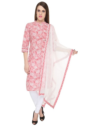 Pembe Jaipuri Baskılı Uzun Kurta