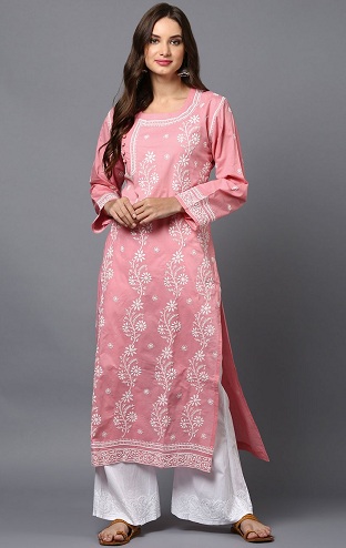 Pembe İşlemeli Pamuklu Kurta