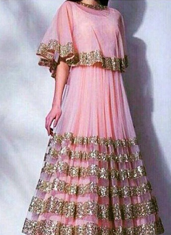 Açık Pembe Pelerin Stili Anarkali Frock