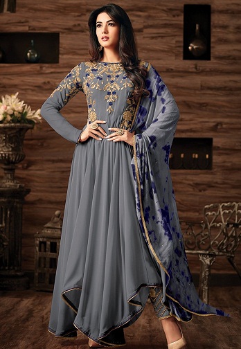 Šviesiai pilkos ir mėlynos spalvos siuvinėtas „Anarkali“ kostiumas