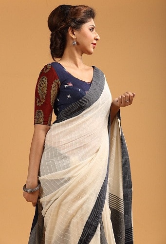 Rankų darbo sarees su „Kalamkari“ palaidine