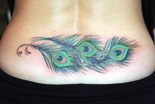 Povo plunksnos tatuiruotė mergaitėms apatinėje nugaros dalyje