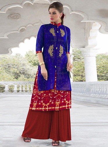 Majestic Blue and Red Chanderi siuvinėta Kurti