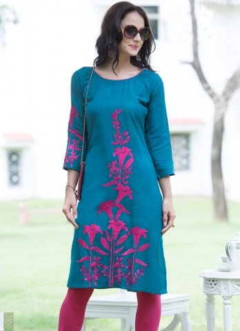 Vesh Teal İşlemeli Flex Keten Kurti