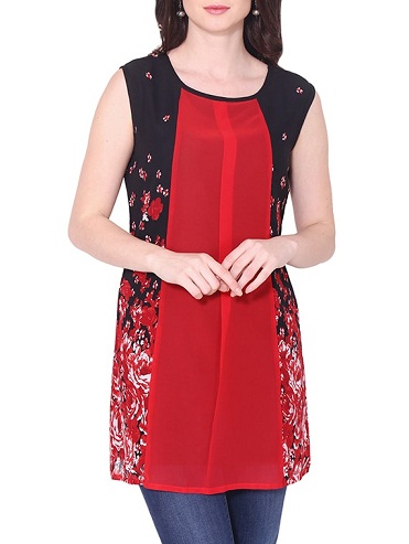 Kırmızı Georgette Baskılı Düz ​​Kurti