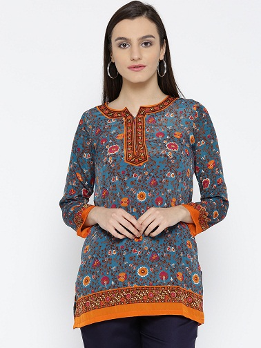 Biba Teal Mavi & Turuncu Çiçek Baskı Kurti