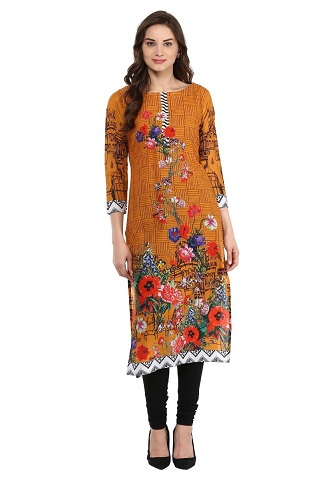 Ahalyaa Sarı Hardal Dijital Baskı Pakistan Cotton Kurti