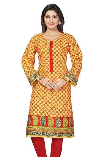 Büyük Beden Kurtis Uzun Pakistan Sarı Baskılı Kurtis