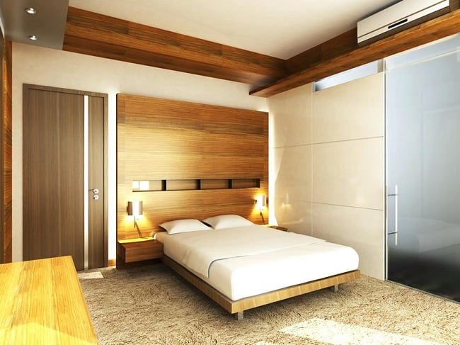 Medinių lubų dizainas miegamajam