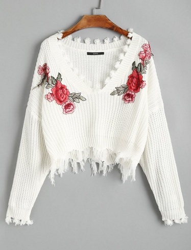 Baltas gėlių žieminis megztinis