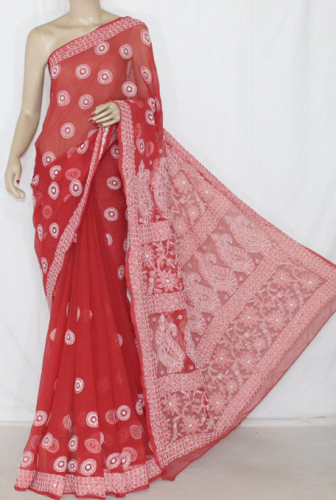 Kırmızımsı Pas El İşlemeli Lucknow Chikankari Saree