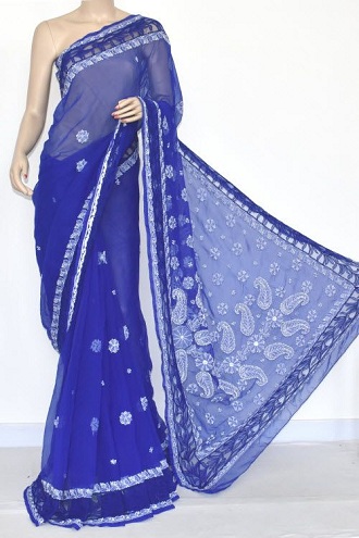 Ryškiai mėlyna „Chikankari Saree“ su tinkleliu