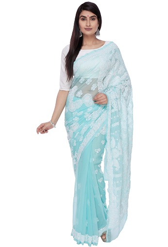 Deniz Yeşili Georgette Chikankari Saree