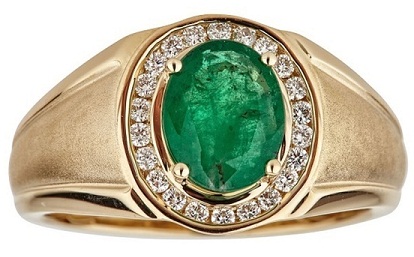 Auksinis 1/3ct TDW deimantinis ir ovalo formos Zambijos smaragdo žiedas vyrams