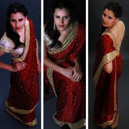 Bordo ve Altın Sentetik Gota Patti Saree