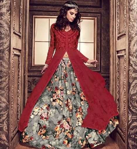 Çiçekli İpek Lehenga