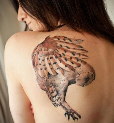 Gražios sparnų pelėdos tatuiruotė mergaitėms