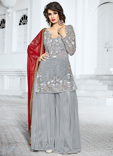 Pilkas ir sidabrinis Salwar kostiumas su Maroon Dupatta