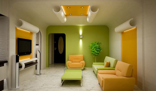 Turuncu ile yeşil renk kombinasyonu Oturma Odası Dekoru