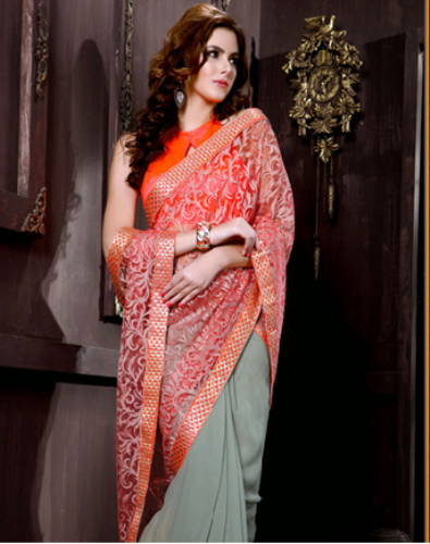 Gri Ve Domates Renkli Brasso Saree