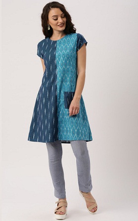 Indus Diva Loomnic Women Blue Hand staklės Ikat A-Line Kurta