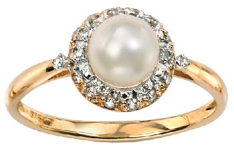 Auksinis deimantinis žiedas su perlais moterims