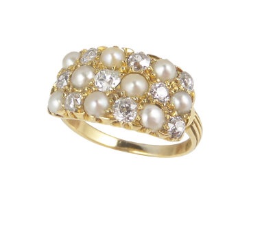 Natūralus perlų ir seno kirpimo deimantinis vestuvinis žiedas