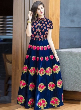 Mavi İşlemeli Banglori İpek Elbise