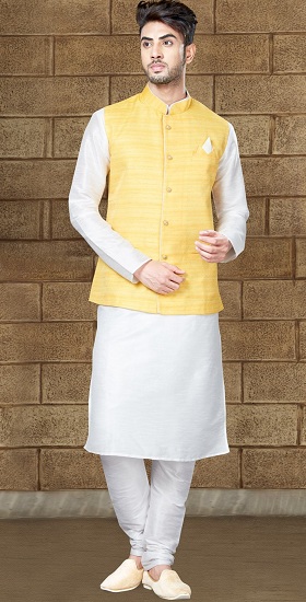Balta Kurta pižama su „Nehru“ švarku