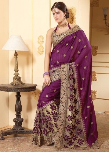 Violetinė siuvinėta „Tussar Silk Saree“