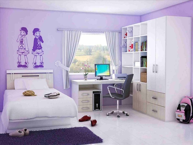 Violetinės miegamojo idėjos paauglei merginai