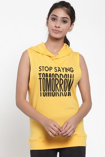 Kadınlar İçin Sarı Kolsuz Kapşonlu T Shirt