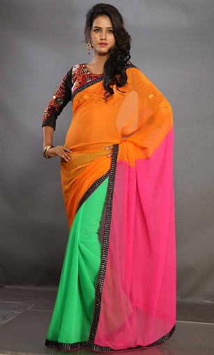 Renkli Blok Georgette Düz Saree