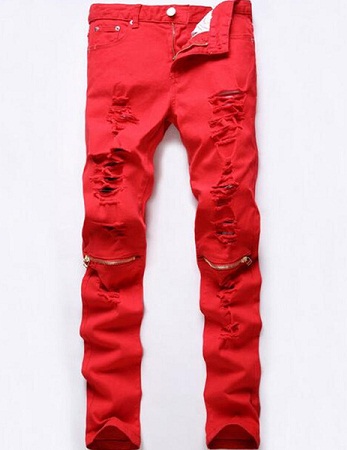 Ryškiai raudoni vyriški suplyšę džinsai