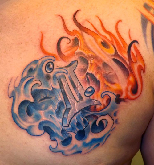 Ugnies ir vandens dvynių tatuiruočių dizainas