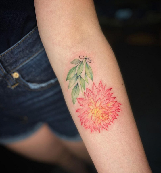Dahlia gėlių tatuiruotė ant dilbio