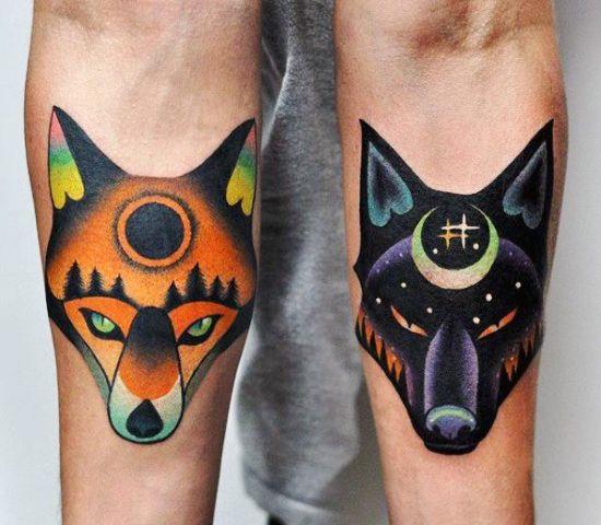 170 δημιουργικές ιδέες τατουάζ αδελφών και εμπνεύσεις αλεπού και λύκου ήλιο φεγγάρι