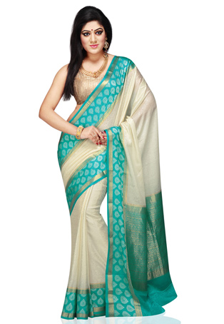 Cream and Aqua Blue Mysore Silk Sari